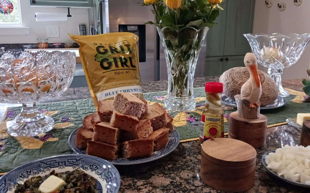 Blue Cornmeal Cornbread with Mustard Greens